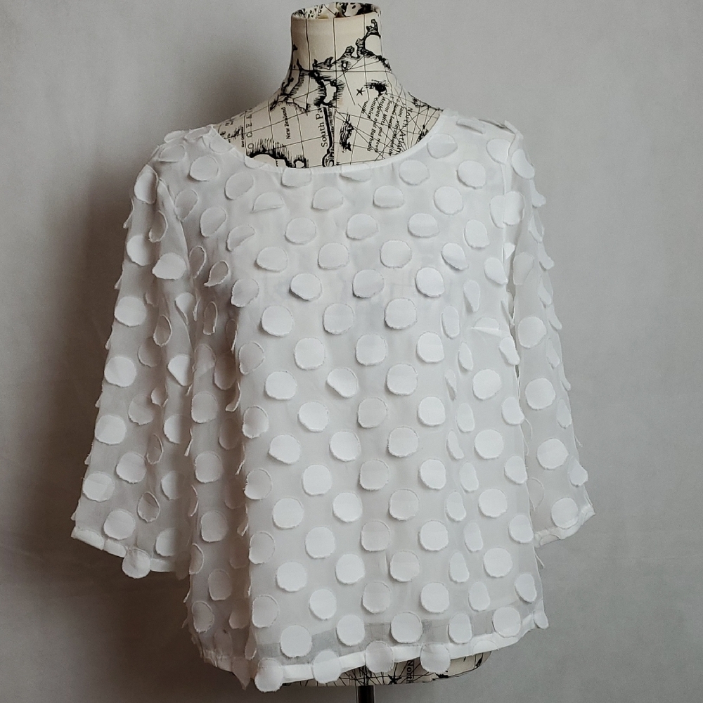 Anthropologie White Textured Polka Dot Blouse - Size 10